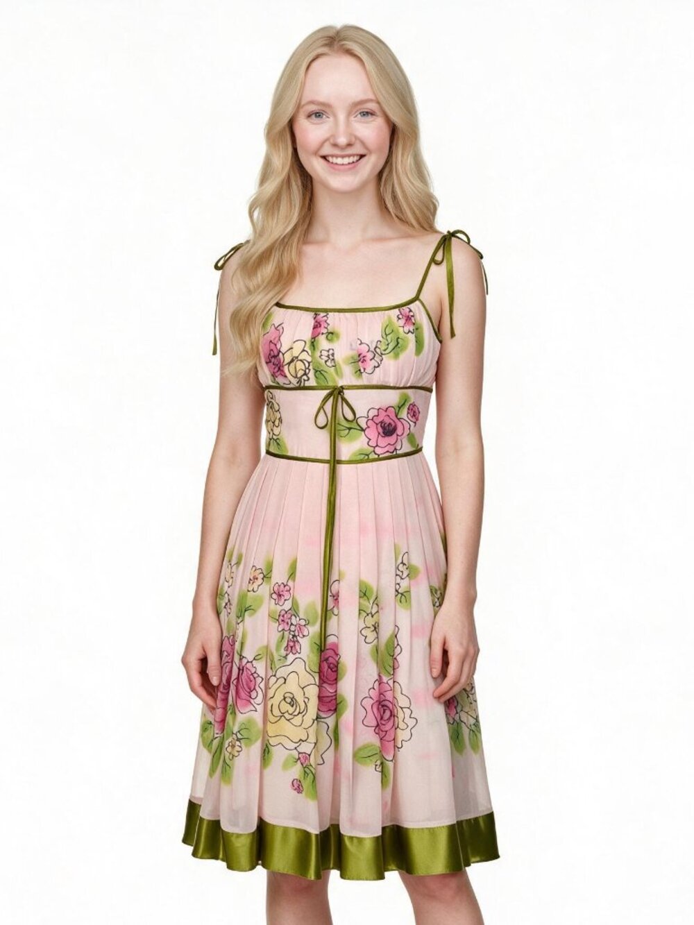 RARE Sue Wong Vintage Fairy Swing Flare 100% Silk Pink Floral, Olive Green, Sz 2